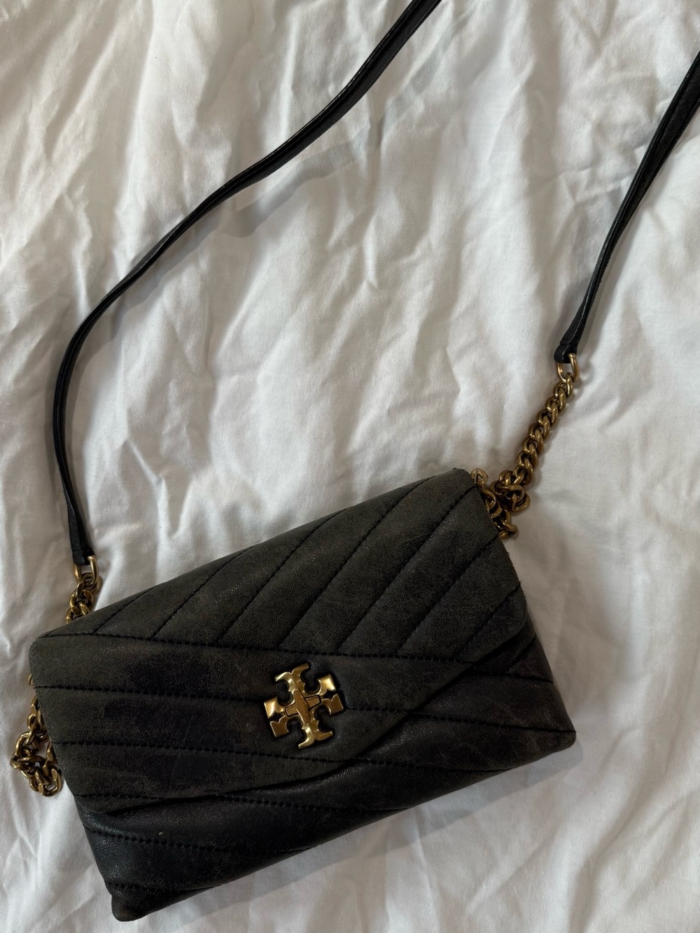 Tory Burch Black Quilted Suede Crossbody with Gold Logo